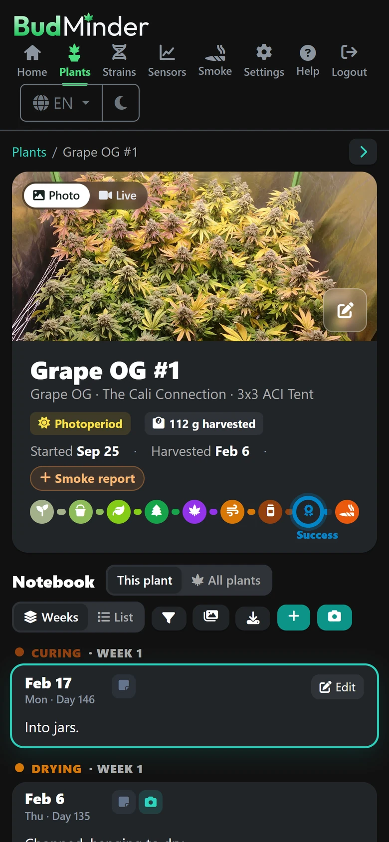 A plant's page on a phone, in dark mode